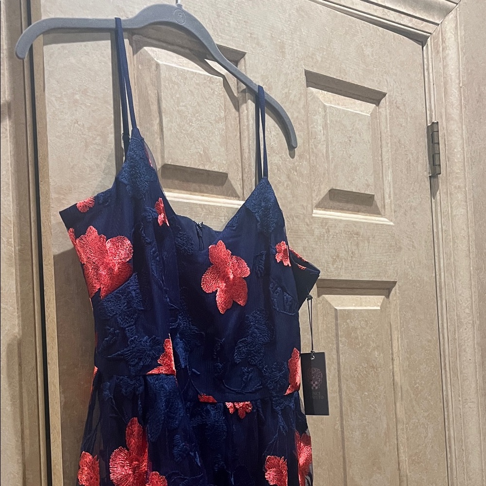 NWT Vince Camuto Navy and Coral Lace Floral Mesh Overlay Dress - Picture 7 of 7
